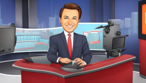 Cartoon image of a news anchor in a studio