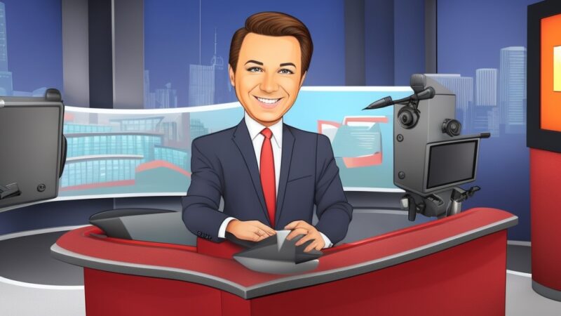 Cartoon image of a news anchor in a studio